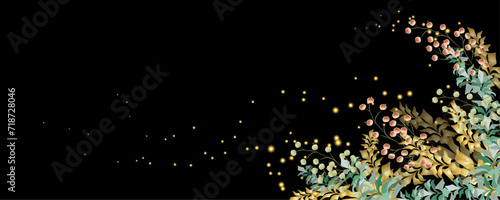 Vector art deco luxury flower, leaves, gold shine line art background. Golden botany banner. Japanese style Hand drawn vector. Line art style design. Hand drawn florals for packaging,coveand wall arts