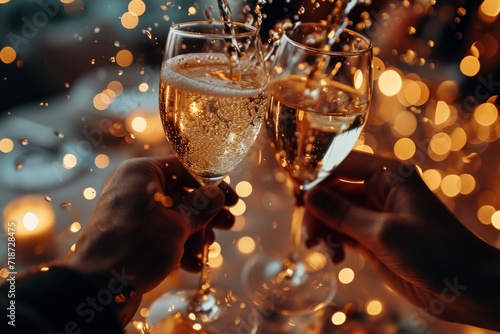 Close up of hands clinking glasses of sparkling wine with bokeh background