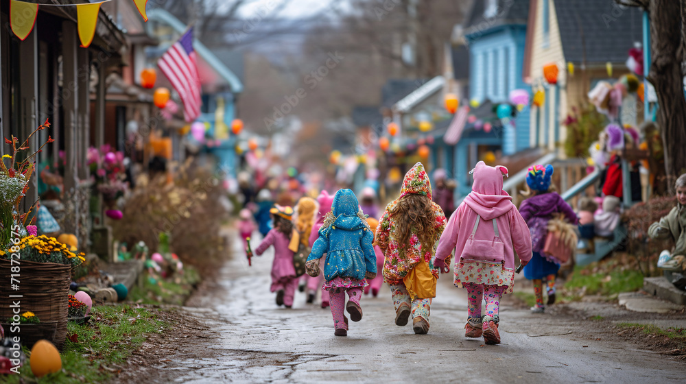 Children dressed in colorful outfits for an Easter parade on a village street. Community celebration and festive spirit concept for local news
