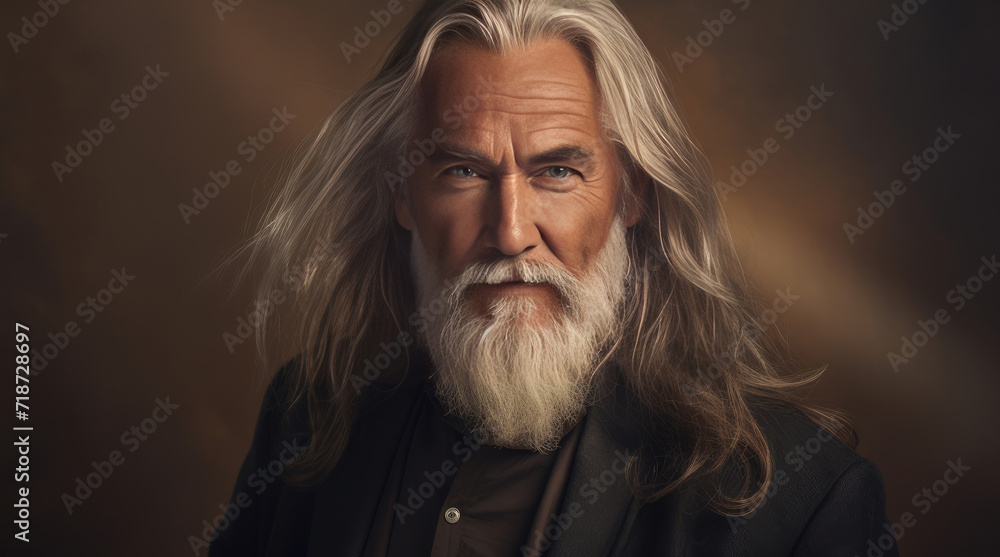 Elegant smiling elderly man with gray and long hair with perfect skin, on a golden background, banner. Elegant smiling elderly man with gray and long hair with perfect skin, on a golden background, banner.