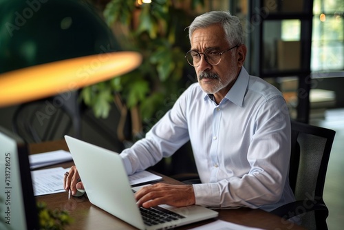 Older Indian business man, busy mature executive manager holding financial accounting papers checking banking income documents file report using laptop computer working in office, Generative AI