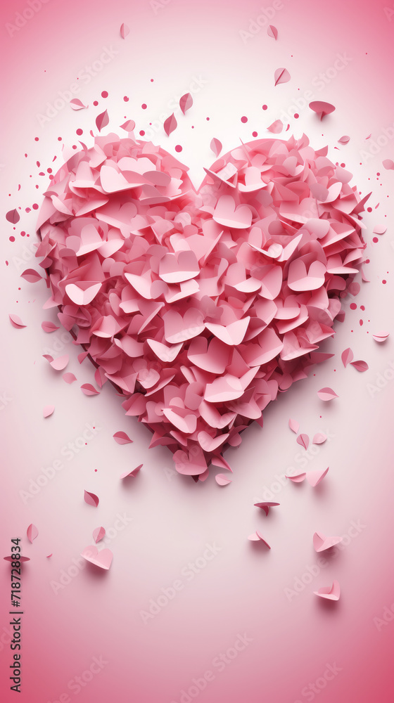 Heart made of paper confetti on pink background.