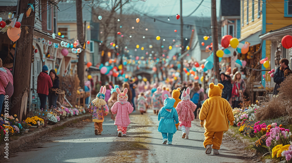 Children in bunny costumes walking down a decorated street during an Easter parade. Festive celebration and springtime community event concept
