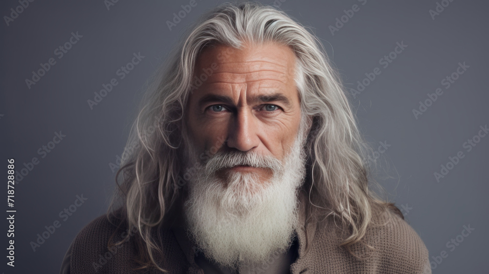 Elegant smiling elderly man with gray and long hair with perfect skin, on a gray background, banner. Elegant smiling elderly man with gray and long hair with perfect skin, on a gray background, banner.