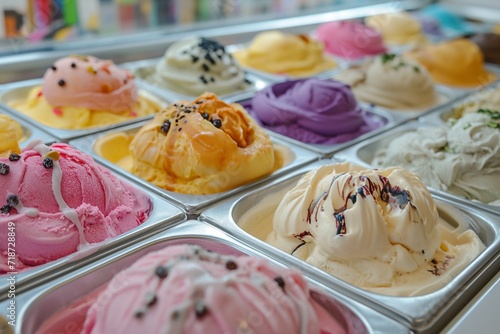 Assorted gelato flavors in a display case, perfect sweet summer treat theme