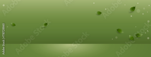 Leaves falling in fresh natural gradient light green room banner background with empty space for product display, vector design 