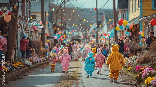 Children in bunny costumes walking down a decorated street during an Easter parade. Festive celebration and springtime community event concept 