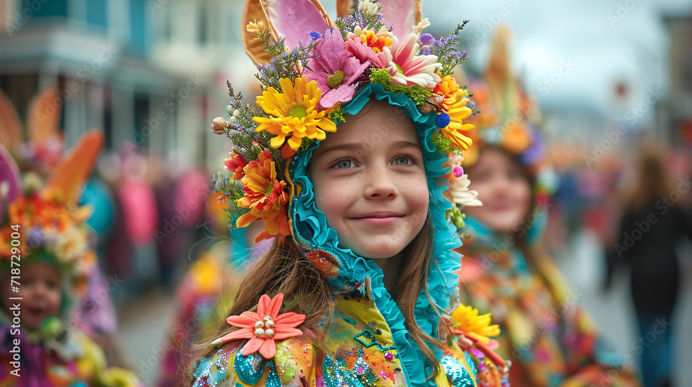 Close-up of a young girl in a festive Easter bonnet with flowers and bunny ears. Easter parade and spring festival concept for family magazine
Close-up of a young girl in a festive Easter bonnet with flowers and bunny ears. Easter parade and spring festival concept for family magazine