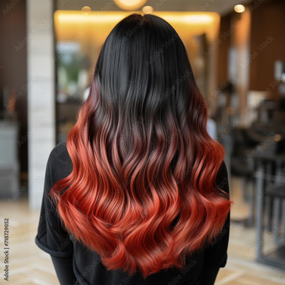 Rear view of dark hair of girl with red ombre balayage haircolor Rear view of dark hair of girl with red ombre balayage haircolor