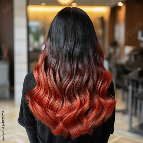 Rear view of dark hair of girl with red ombre balayage haircolor