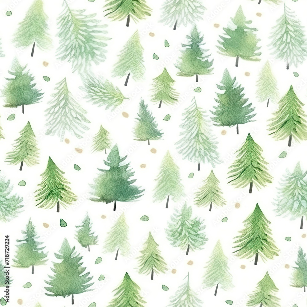 Watercolor Christmas Tree Pattern on White Background