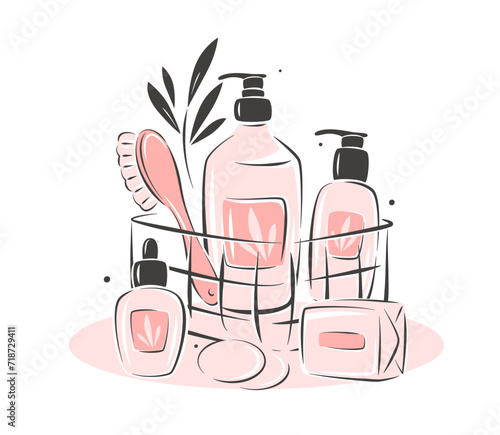 Set of skincare products. Natural cosmetic products in bottles, tubes. Logo for a cosmetics store for body and hair care or beauty salon, spa. Vector illustration