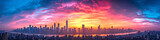 Cityscape at dusk with colorful cloudscape. Panorama of skyscrapers reflecting sunset glow. Urban development and architecture concept for wallpaper
