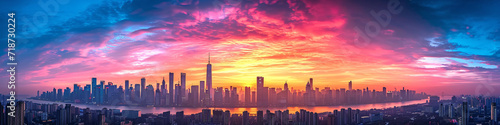 Cityscape at dusk with colorful cloudscape. Panorama of skyscrapers reflecting sunset glow. Urban development and architecture concept for wallpaper 