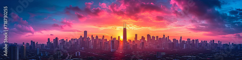 Urban skyline at sunrise with vibrant sky. Wide-angle view of city buildings in morning light. City awakening and real estate concept for print and design
