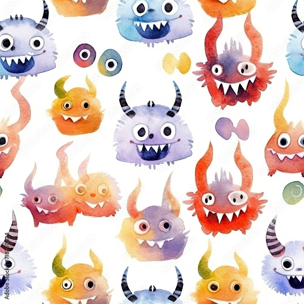 Watercolor Painting of Group of Monsters Watercolor Painting of Group of Monsters