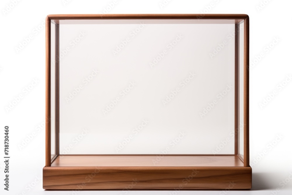 Glass showcase. A cube made of glass and wood on a white background. Glass showcase. A cube made of glass and wood on a white background.