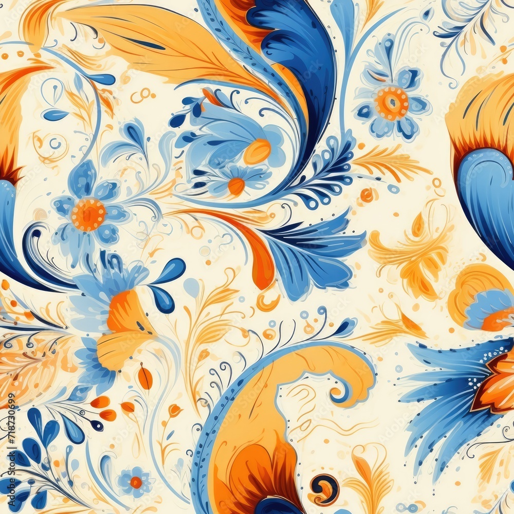 Seamless Pattern of Blue and Orange Flowers on a White Background Seamless Pattern of Blue and Orange Flowers on a White Background