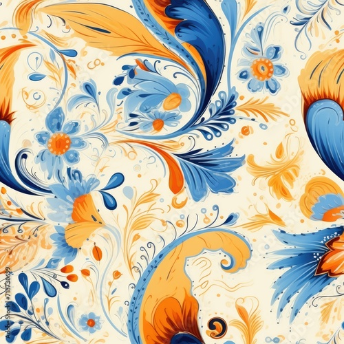 Seamless Pattern of Blue and Orange Flowers on a White Background