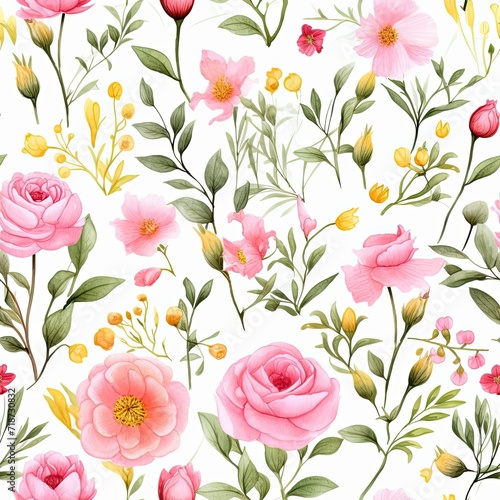 White Background With Pink Flowers and Green Leaves