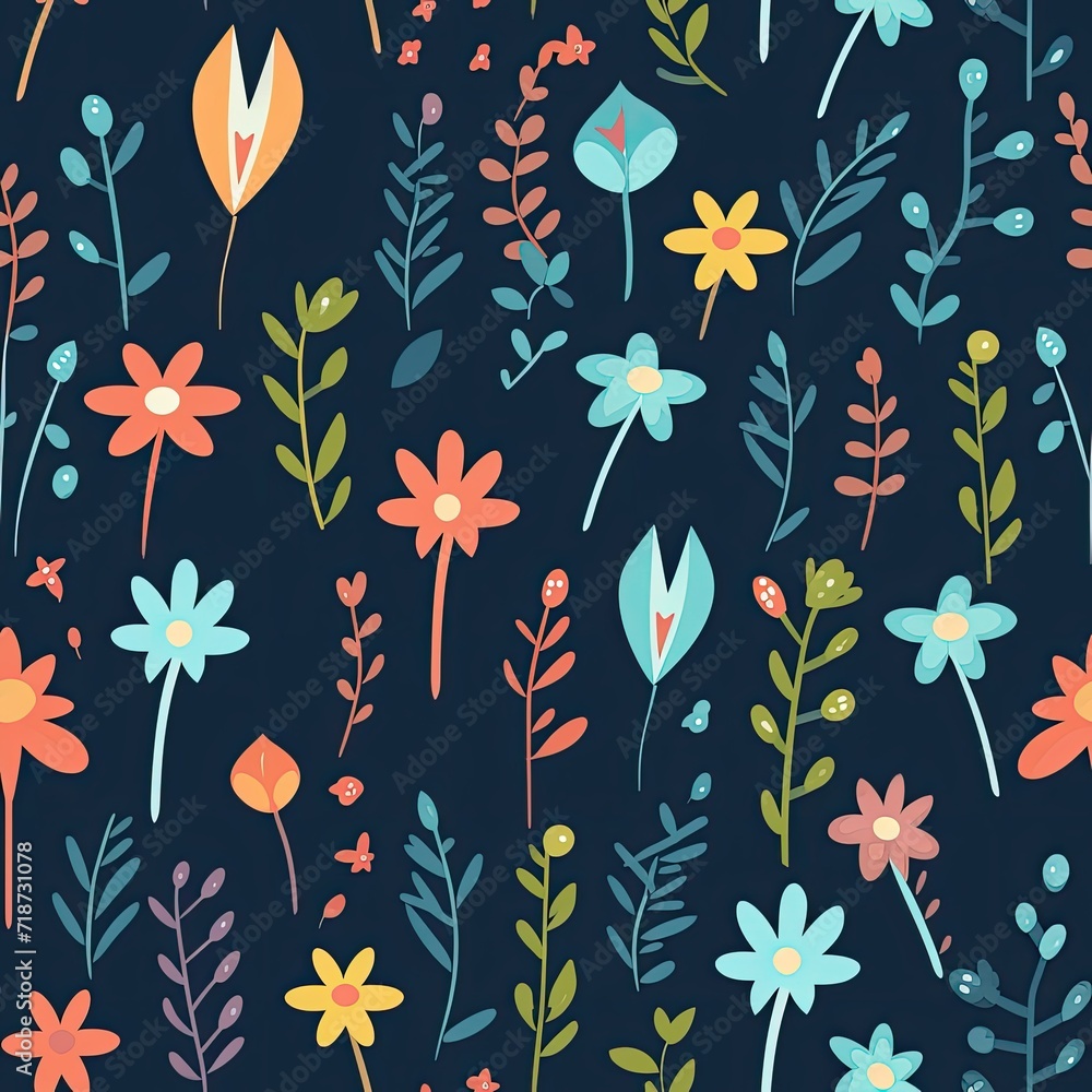 Vibrant Flowers and Leaves on a Blue Background Pattern