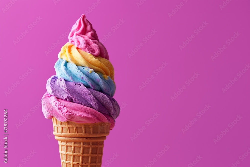 Delicious creamy rainbow colorful ice cream cone on a pink background Delicious creamy rainbow colorful ice cream cone on a pink background