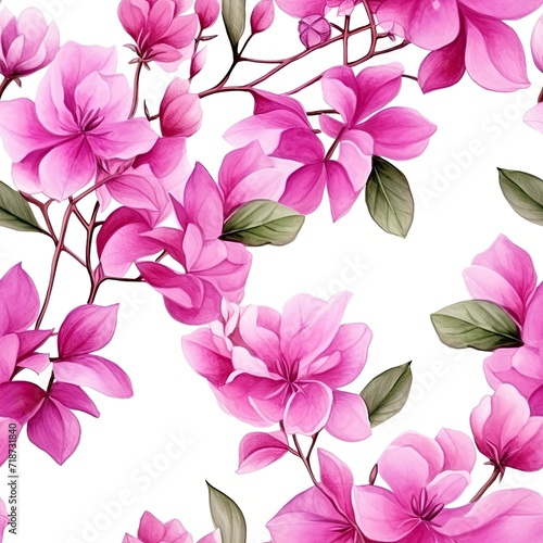 Pink Flowers and Green Leaves on a White Background
