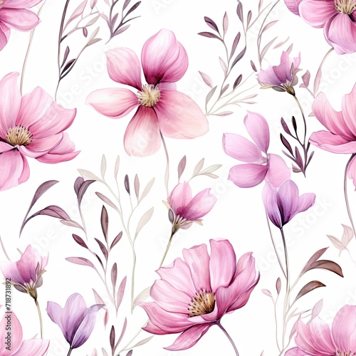 Pink and Purple Flower Pattern on White Background