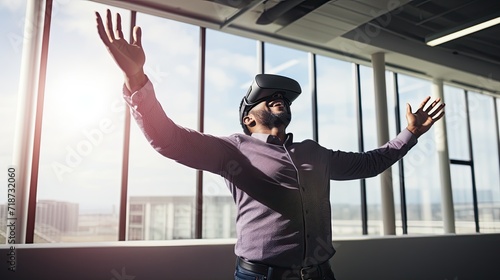 Man Experiencing Virtual Reality Technology in Bright Room.