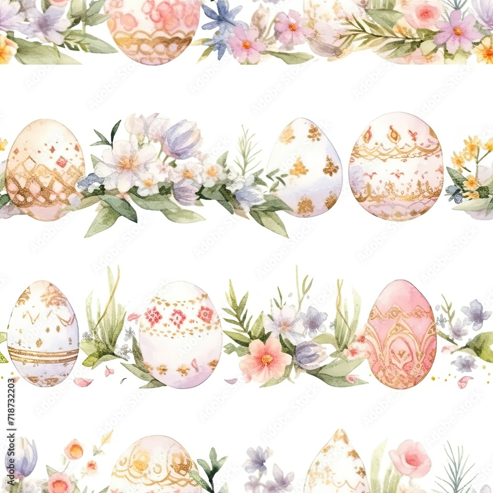 Watercolor Easter Eggs and Flowers on a White Background
