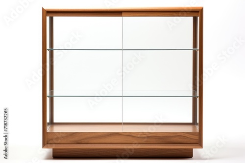 Glass showcase. A cube made of glass and wood on a white background.