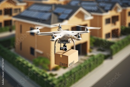 Package drone delivery, autonomously unsurveillance. Aviators steer cardboard devices, business shipping. Horizontal flight capabilities, electronic navigation, trade efficient and flying deliveries.