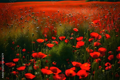 Field of poppies selective focus. Nature summer wild flowers. Vivid red flower poppies plant