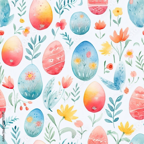 Watercolor Easter Eggs and Flowers on White Background