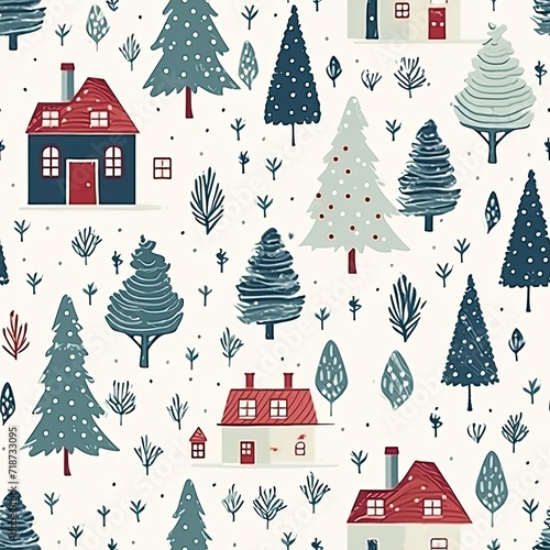 Pattern of Houses and Trees on White Background