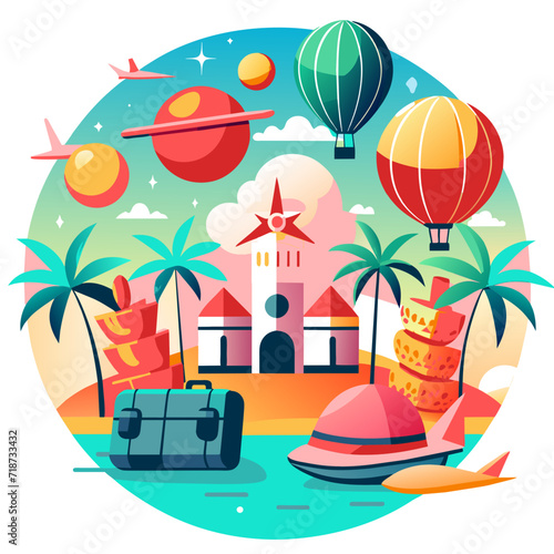 Summer vector icon set. Inflatable ball, airplane, sunglasses, starfish, suitcase, flamingo, palm trees, ice cream