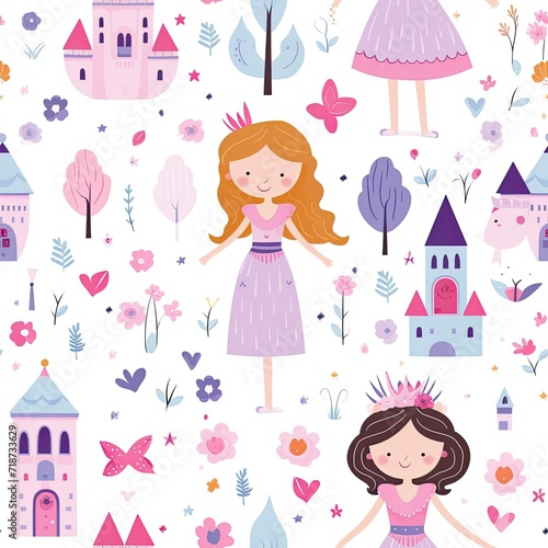 Princesses and Castles Pattern on White Background