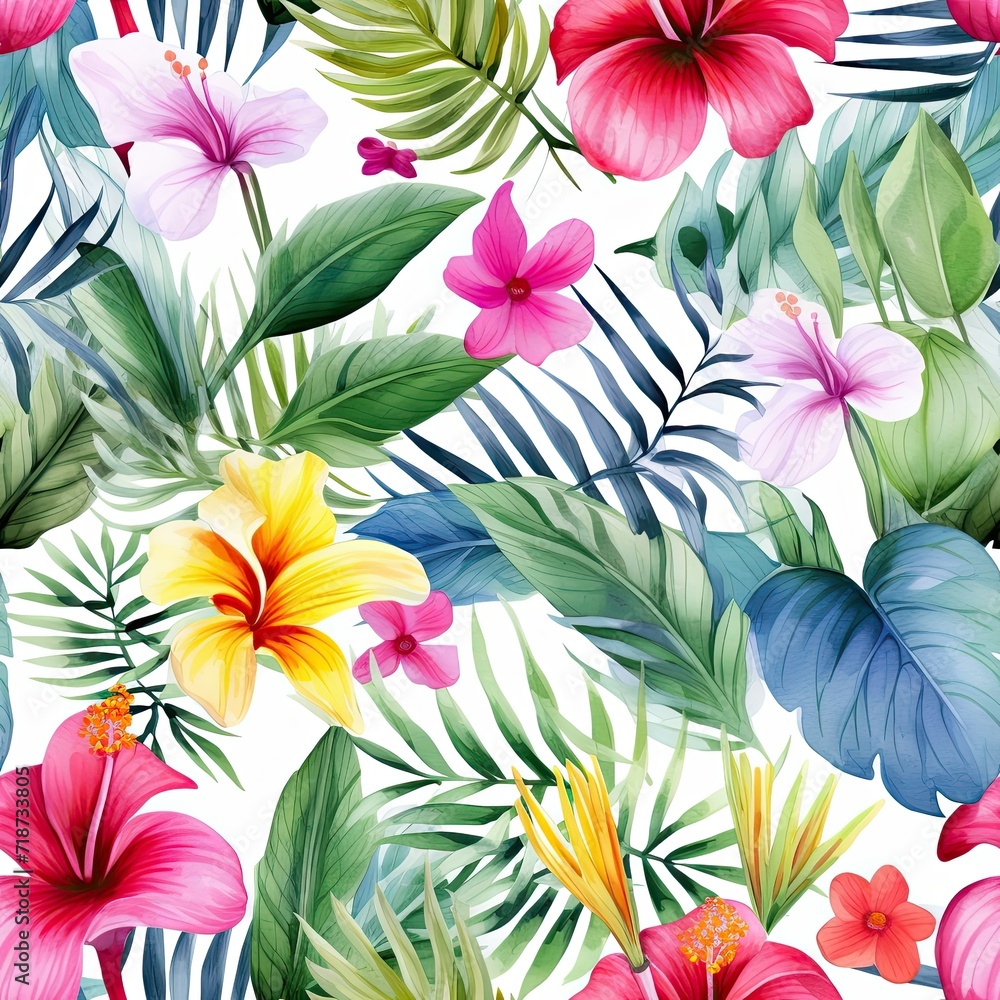 Watercolor Painting of Tropical Flowers and Leaves