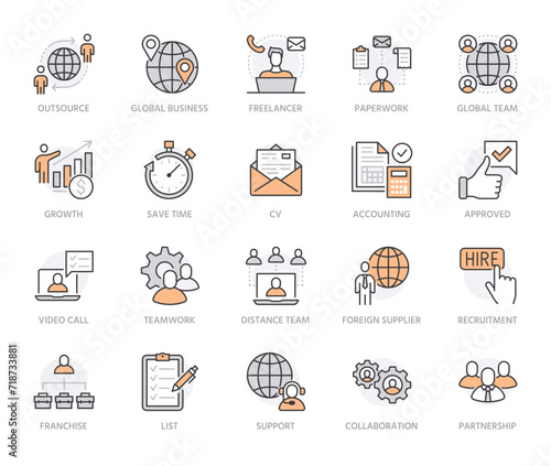 Outsource flat line icons set. Recruitment, partnership, teamwork, freelancer, part and full-time job vector illustrations. Outline pictogram for business. Orange Color. Editable Strokes
