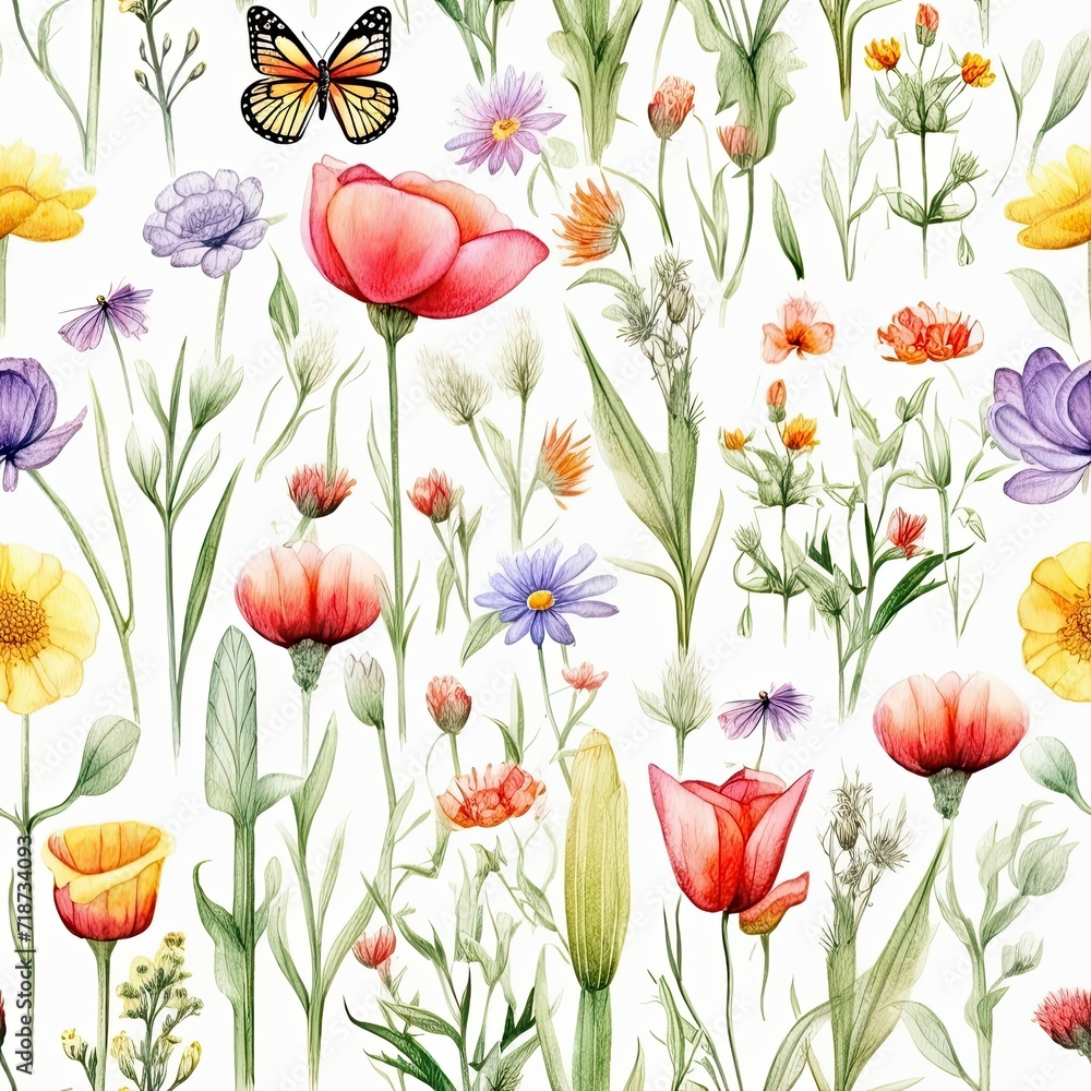 Painting of Flowers and Butterfly on White Background