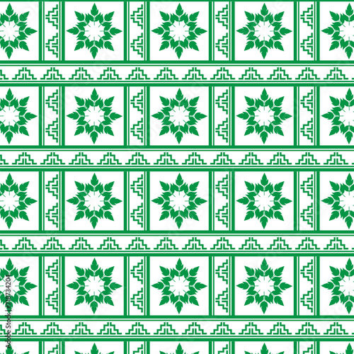 Tribal traditional fabric batik ethnic of ikat floral seamless pattern of green leaves Spring Blossom Vector Design on a white background