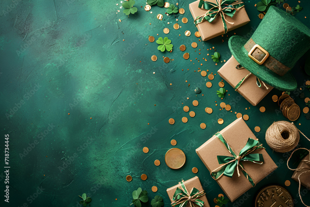 St. Patrick's Day concept, Photo taken from above, leprechaun hats with gifts, gift boxes and gold coins on green background with copy space.