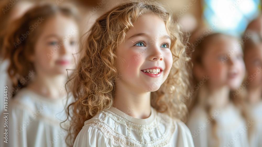 Adorable blonde curly girl child signing in church choir.