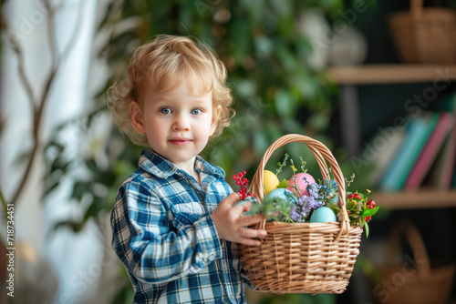A delighted little child holds a basket of Easter eggs, wearing a headband with bunny ears, embodying the joy of spring