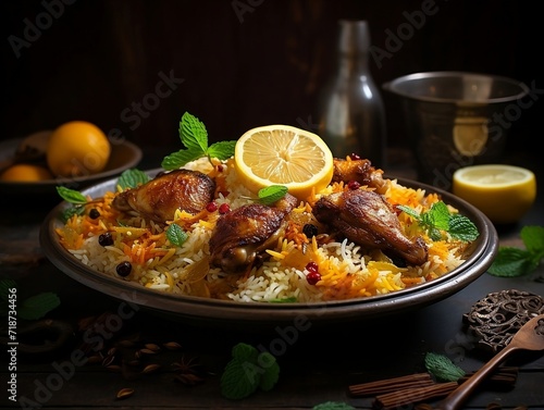 Plate of chicken biryani on a table with lemon ©  Artificial Artistry