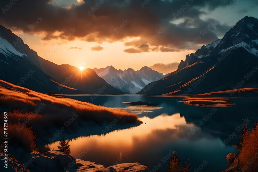 Computer-generated landscape with a sunset over a mountain lake.