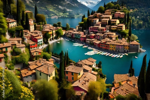 View from a hillside path looking down on the colorful picturesque village of Varenna