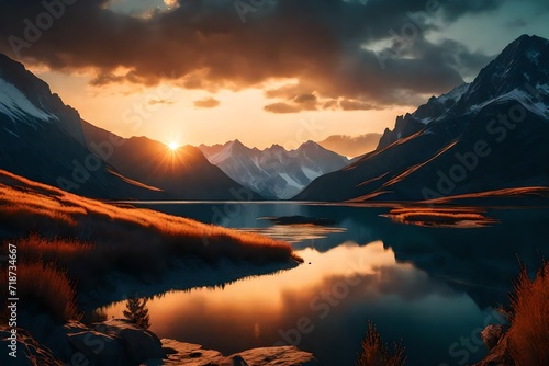 Computer-generated landscape with a sunset over a mountain lake.