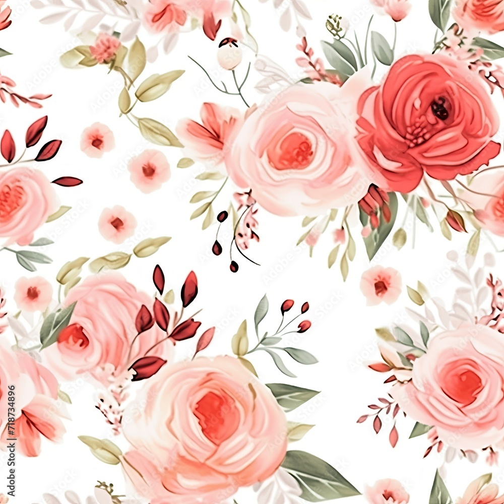 White Background With Pink Flowers and Leaves Pattern