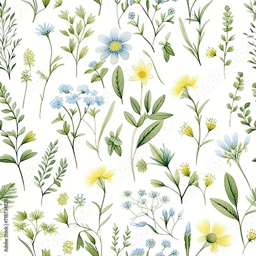 White Background With Blue and Yellow Flowers - Seamless Pattern Design